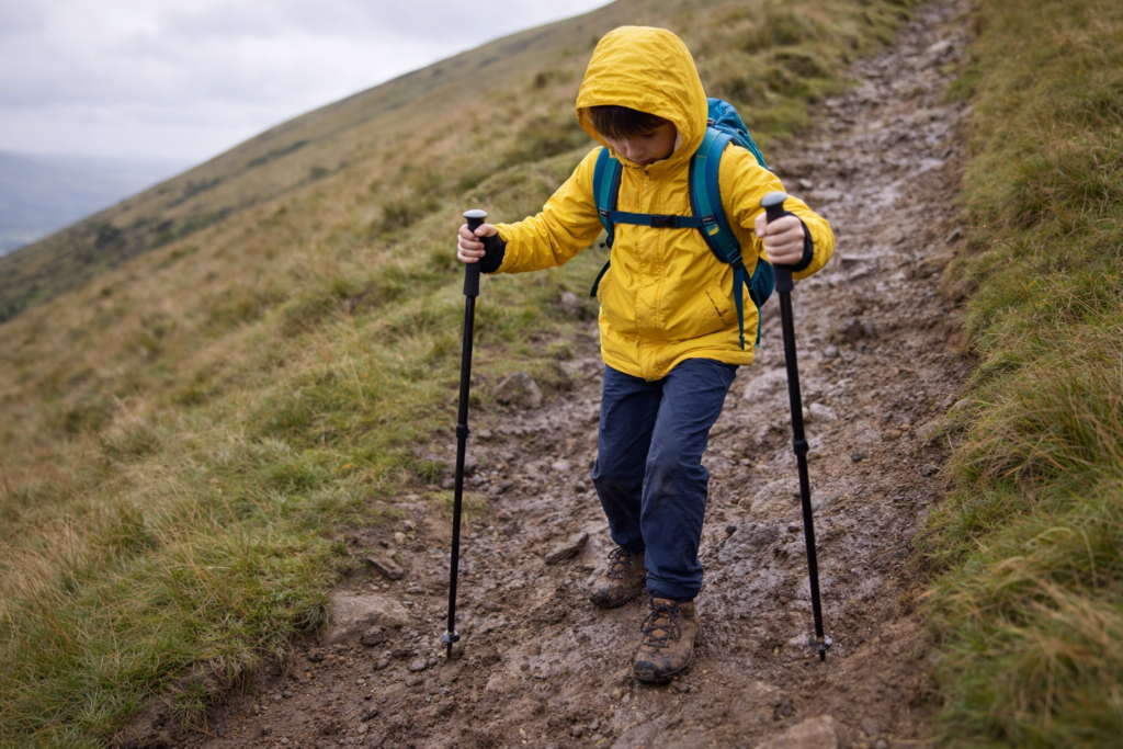 Child using two hiking poles in correct downhill braking position on a steep muddy hillside path with poles planted ahead of feet