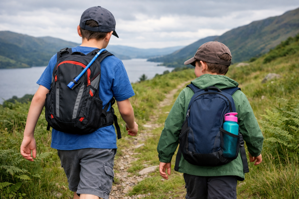 Two children walking on a UK trail one with a hydration pack tube and one with a water bottle in backpack side pocket