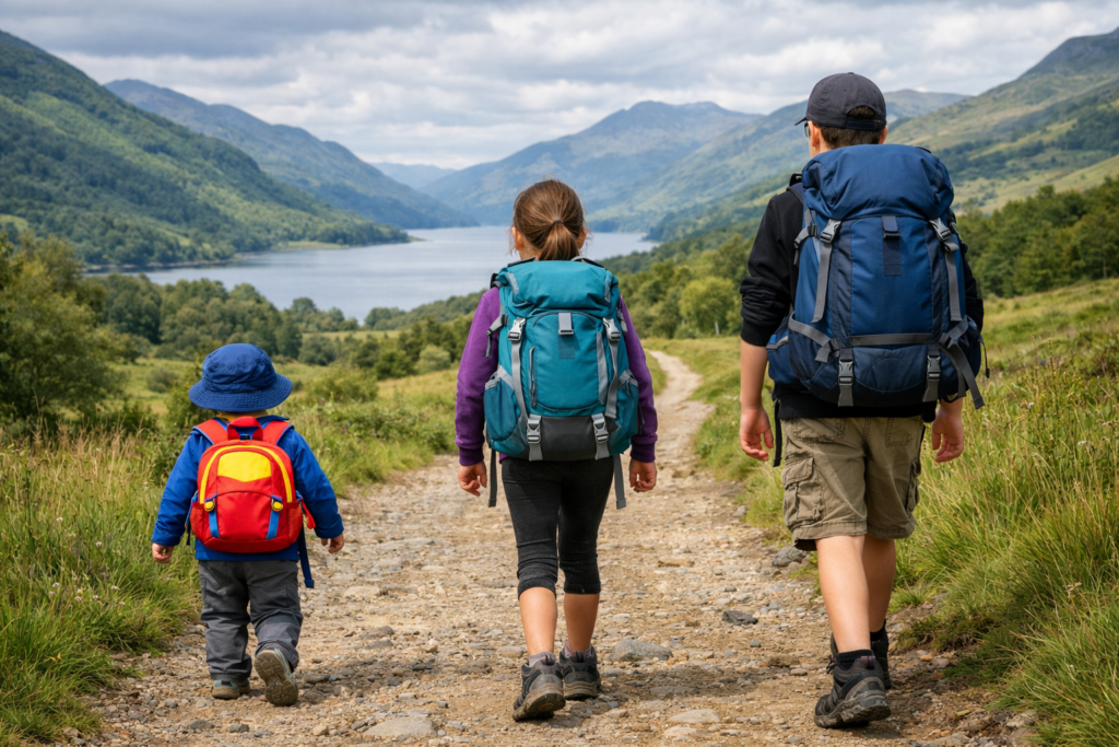 Three children of different ages walking on a UK trail each wearing correctly sized backpacks from toddler to youth size
