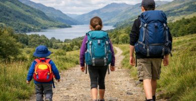 Three children of different ages walking on a UK trail each wearing correctly sized backpacks from toddler to youth size