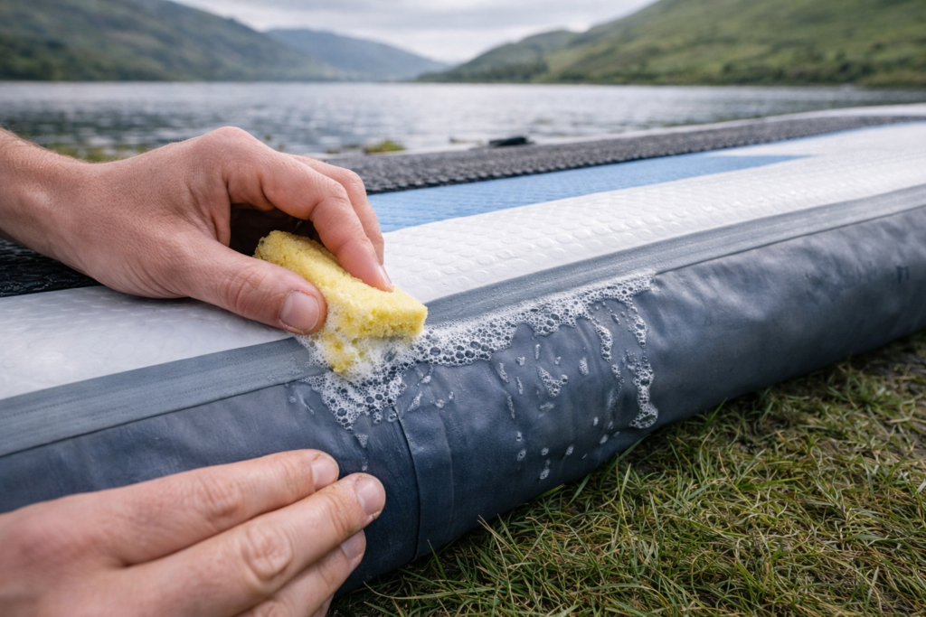 Hands applying soapy water to inflatable paddle board seam to locate a puncture beside a Scottish loch