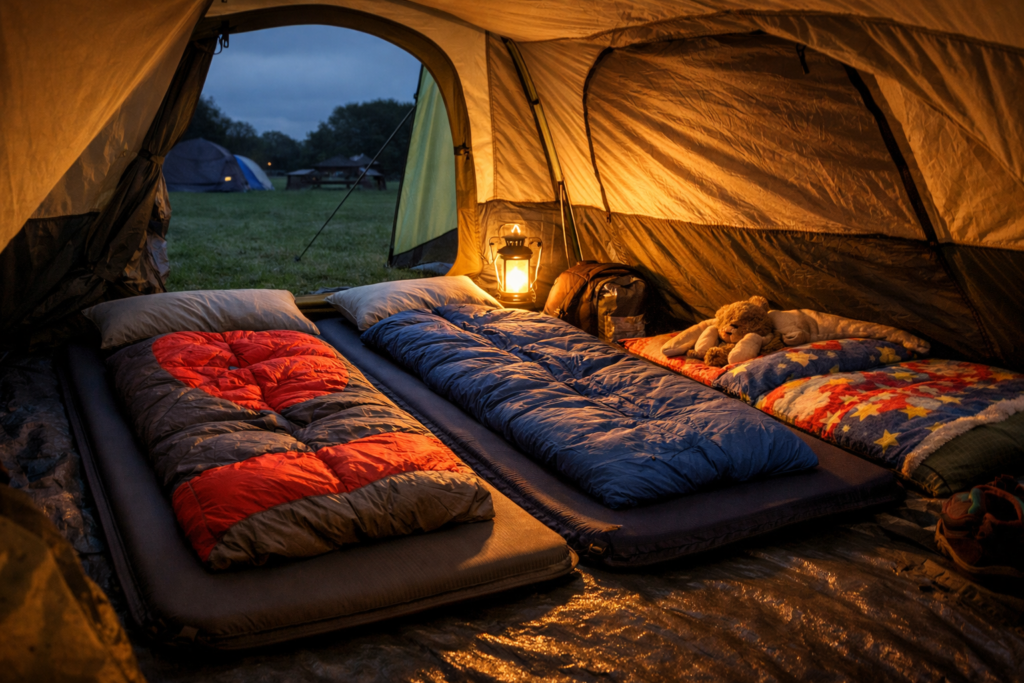 Cosy family tent with 2 sleeping bags and best camping mats