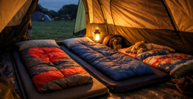 Cosy family tent with 2 sleeping bags and best camping mats