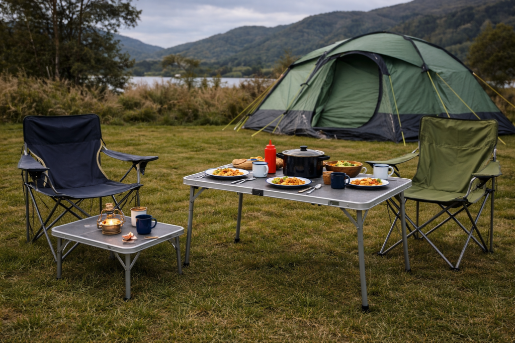 Two camping table setup at a UK family campsite showing large main dining table and smaller side table beside camping chairs with tent in background