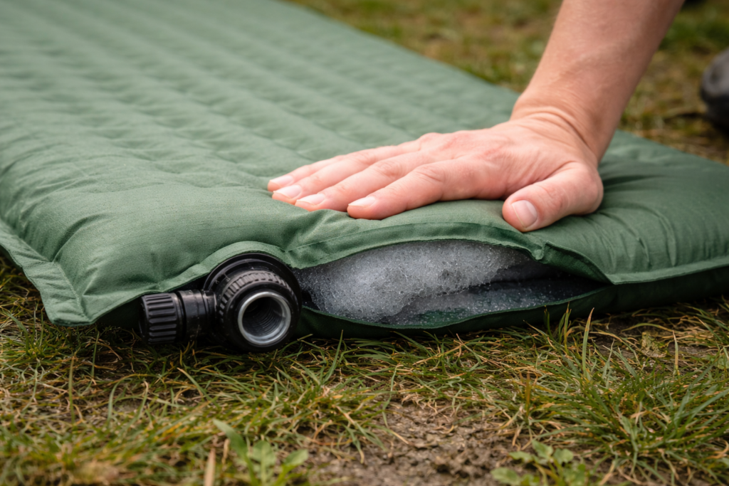Close-up of a self-inflating camping mat with open valve as air is pressed out before packing away