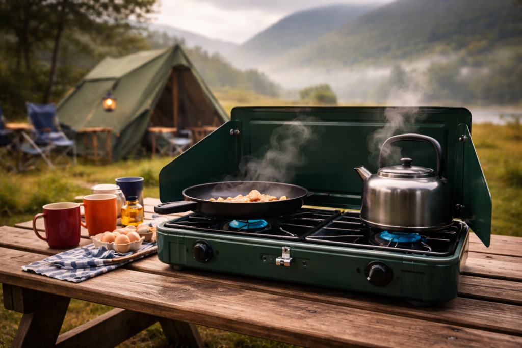 Two-burner camping stove on a picnic table with pan and kettle cooking at a UK family campsite with tent in background