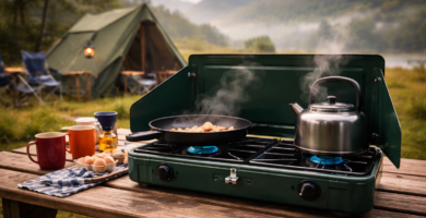 Two-burner camping stove on a picnic table with pan and kettle cooking at a UK family campsite with tent in background