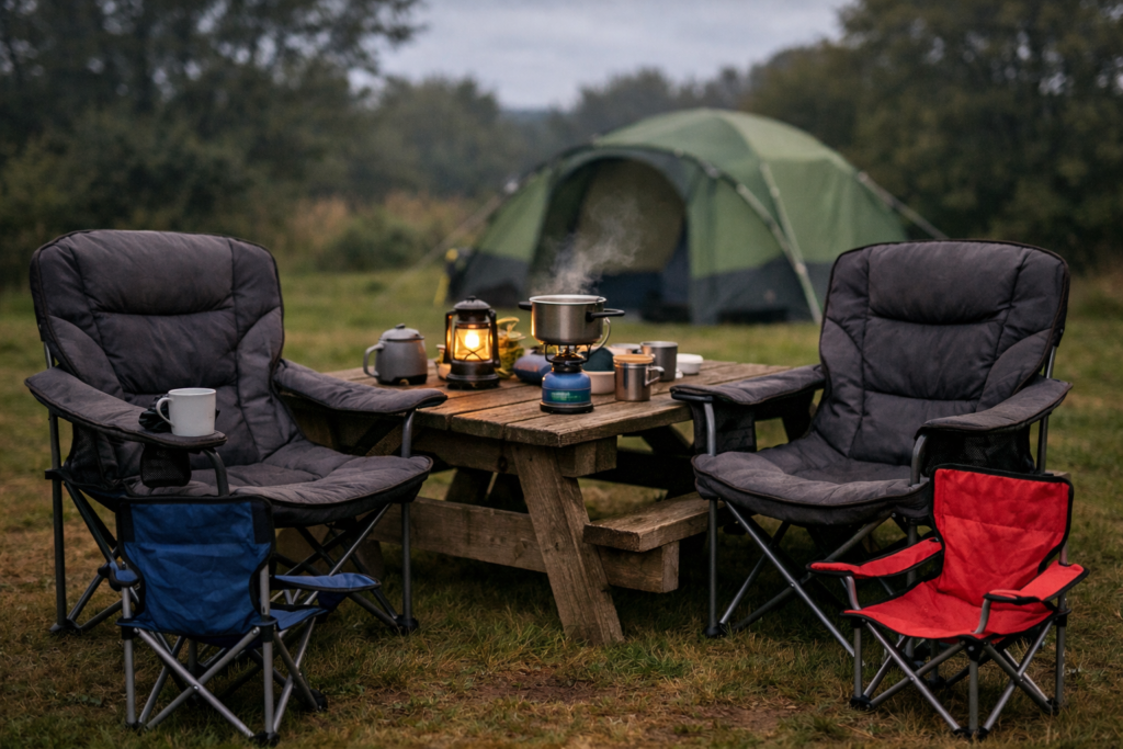 Two large padded adult camping chairs and two smaller children's chairs arranged around a camp stove at a UK family campsite with tent in background