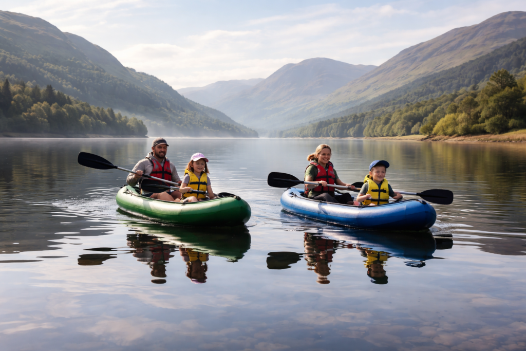 Family paddling two inflatable kayaks on a calm Scottish loch in morning light with hills in the background