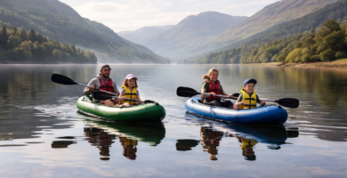 Family paddling two inflatable kayaks on a calm Scottish loch in morning light with hills in the background