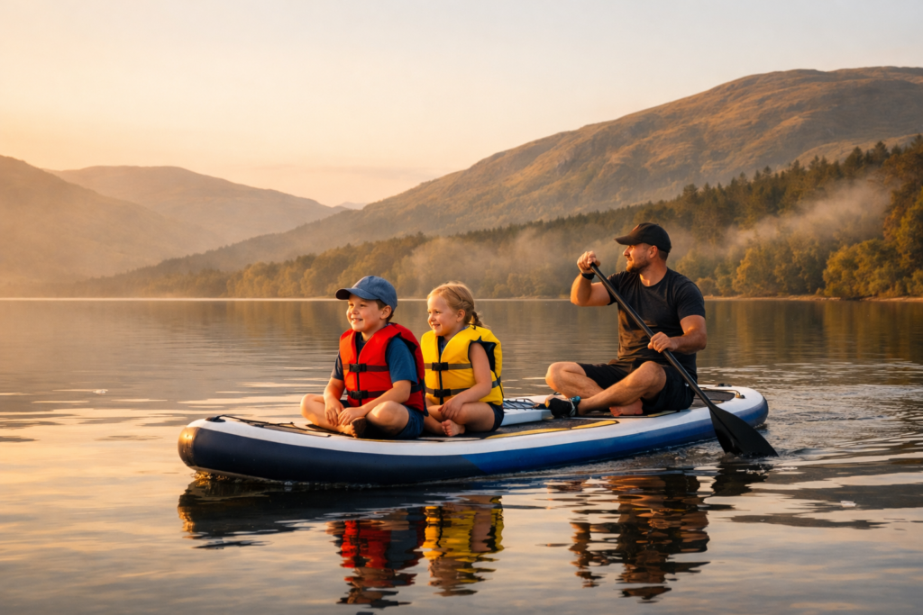 family-paddle-boarding-scottish-loch.jpg Alt text: Family paddle boarding on a calm Scottish loch with children wearing buoyancy aids at golden hour