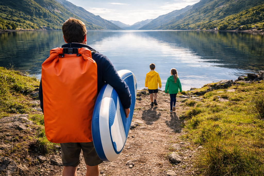 Parent carrying a dry bag backpack walking to a Scottish loch launch point with two children and a paddle board