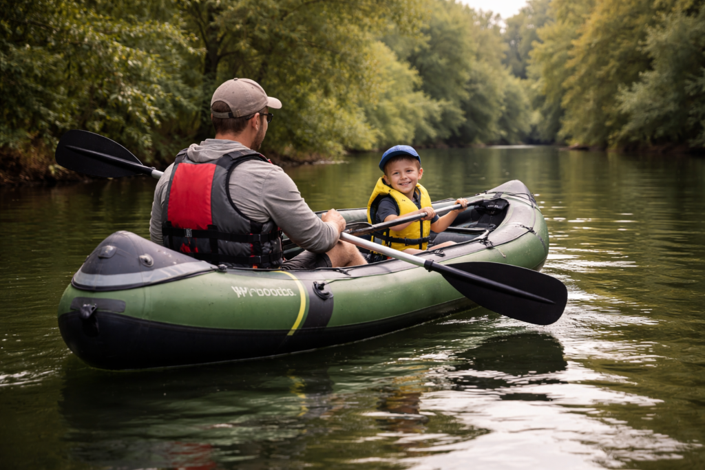 Parent and child paddling a wide inflatable canoe kayak on a calm UK river with trees on the bank