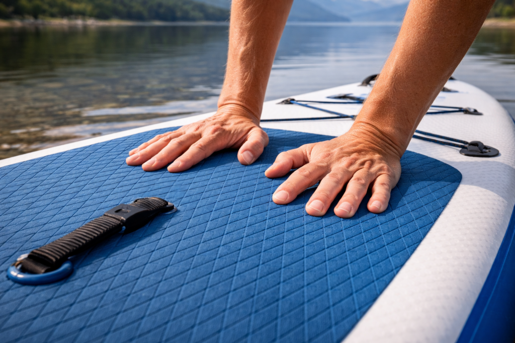 Hands pressing on inflated paddle board deck to test rigidity beside a UK loch