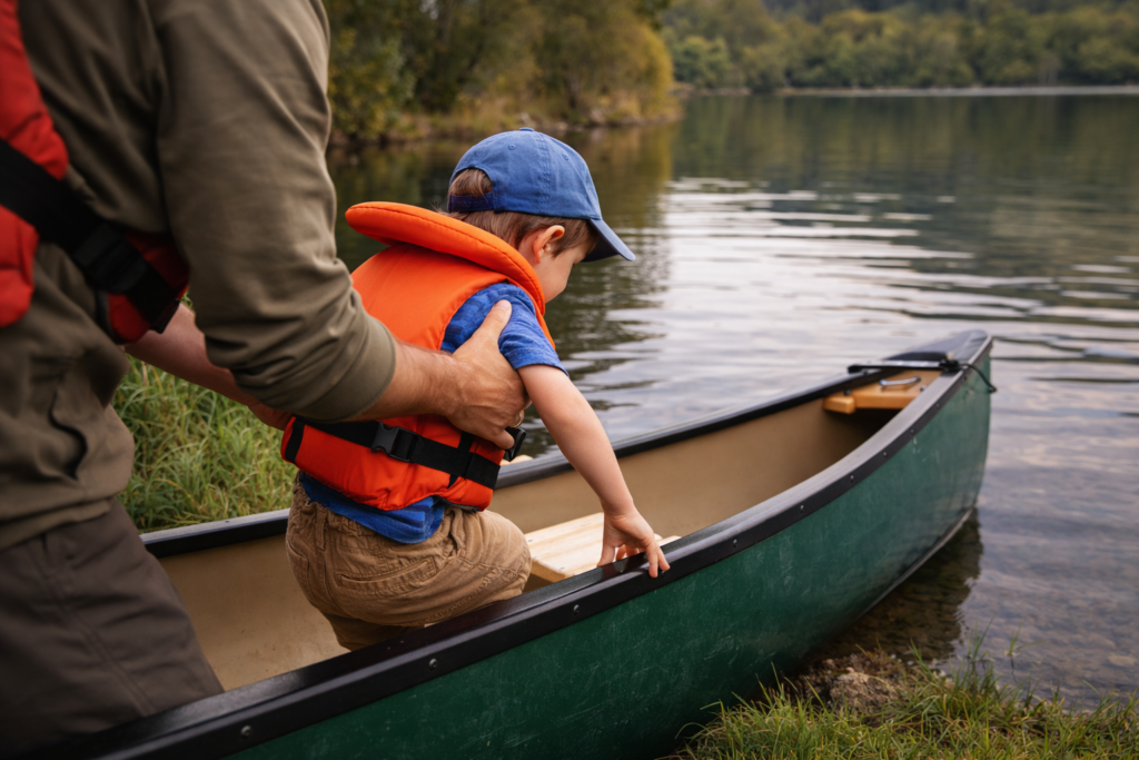 Adult helping young child into an open canoe from a grassy Scottish loch bank