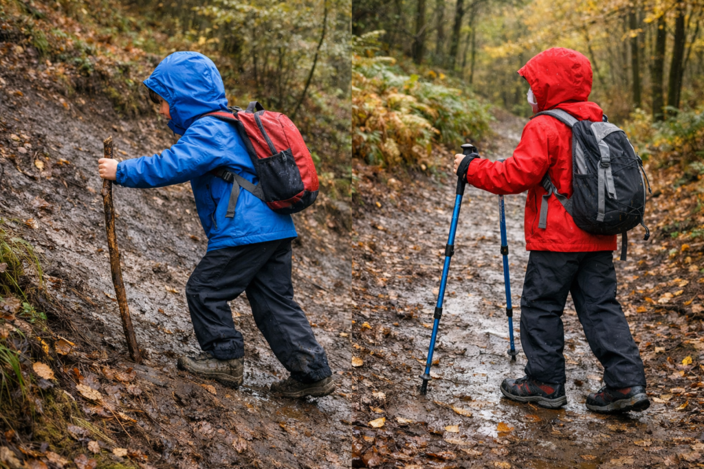 Side by side comparison of a child using a found wooden walking stick versus a child using proper adjustable hiking poles on a muddy woodland path