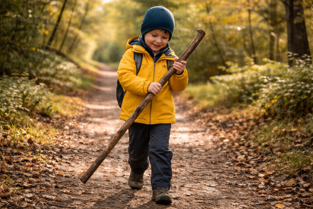 Young child walking happily along a flat woodland path holding a found wooden stick with obvious enjoyment on a casual UK family walk
