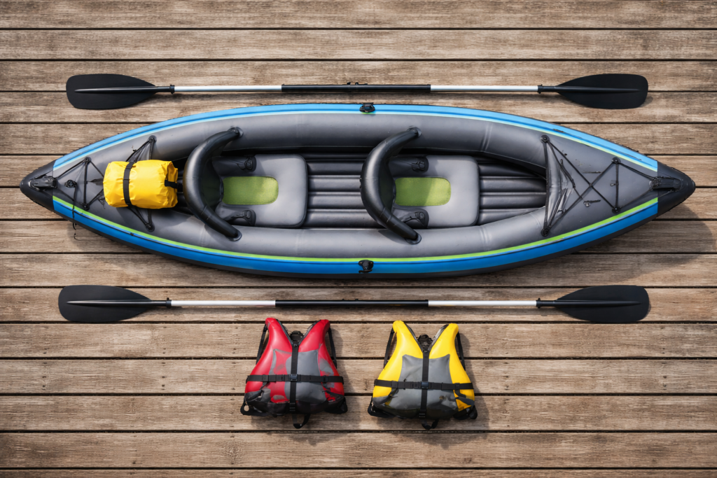 Two person inflatable kayak laid out with paddles, dry bag and buoyancy aids ready for a family paddling session