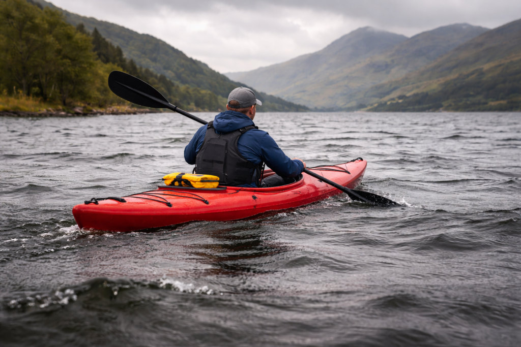 Kayak paddler low in the water cutting through light chop on an open Scottish loch on an overcast day