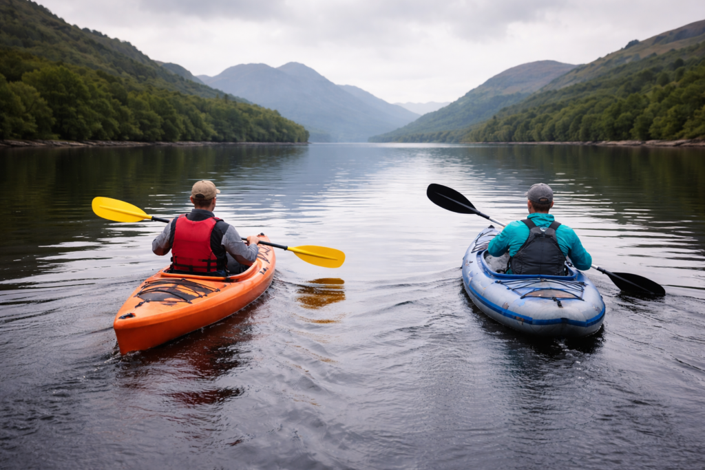 Hard kayak and inflatable kayak paddled side by side on a calm Scottish loch showing performance comparison