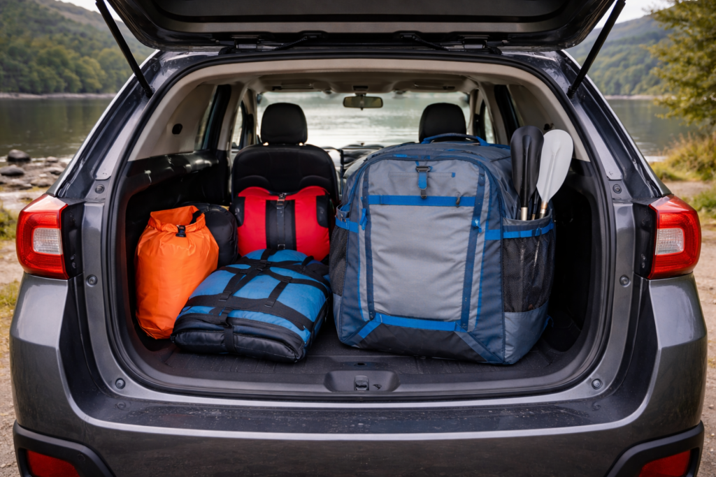 Inflatable kayak packed in bag in family car boot with paddles and buoyancy aids at a Scottish loch car park