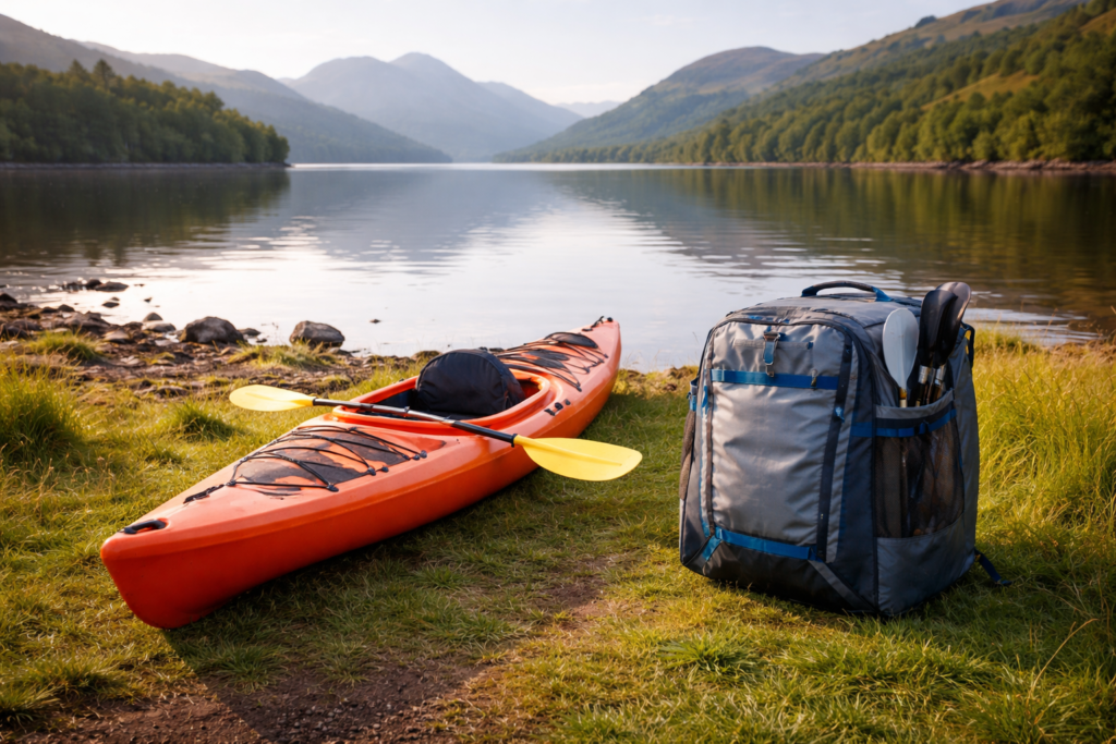 Inflatable kayak in bag and hard kayak on grass beside a Scottish loch for a family comparison
