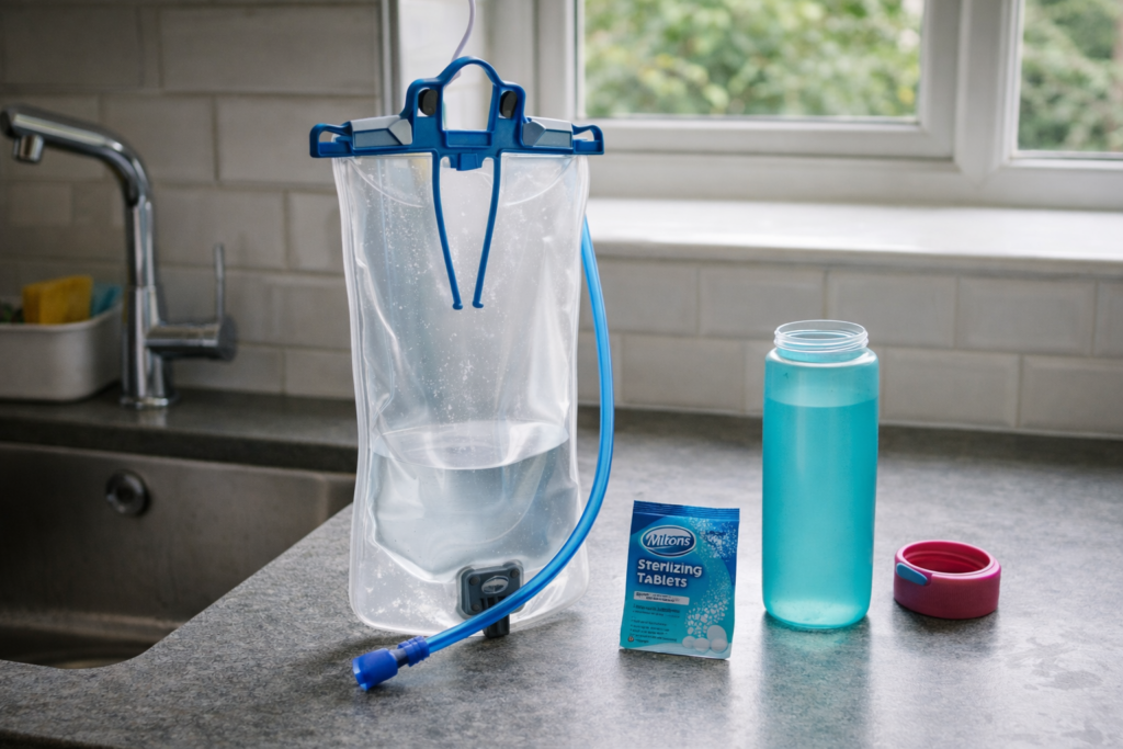 Hydration bladder hanging open to dry with cleaning tablets beside a simple kids water bottle on kitchen counter