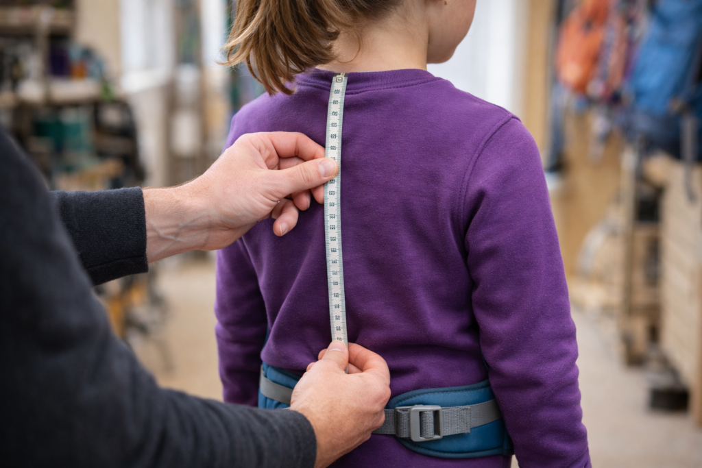 Parent measuring child's torso length with tape measure from neck to hip to find correct backpack size