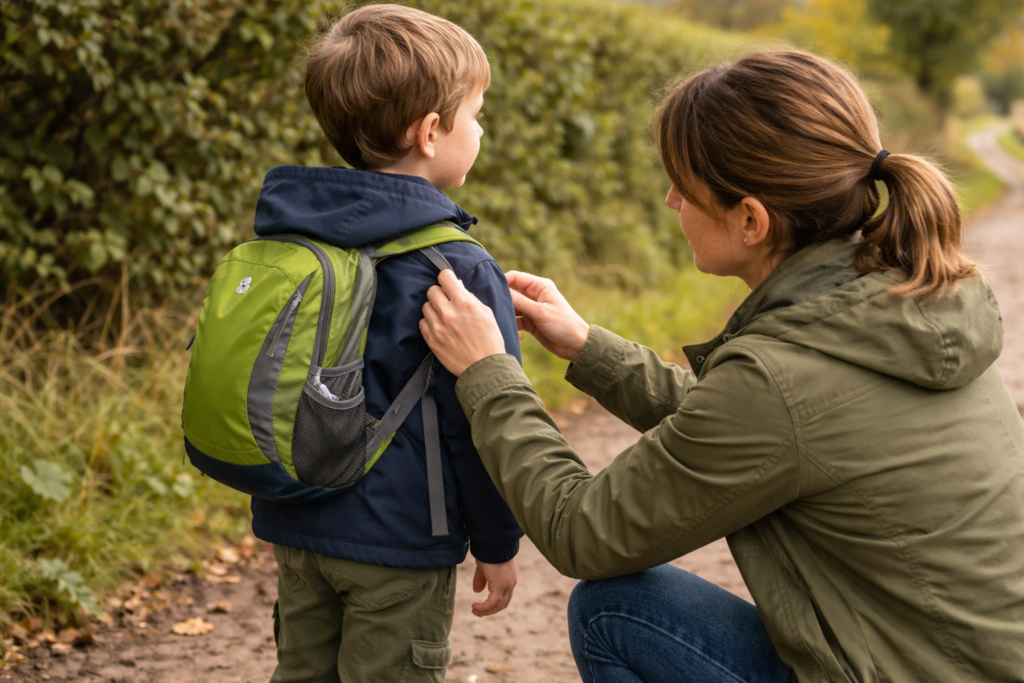 Parent kneeling beside a young child on a country path adjusting the shoulder straps of a small green backpack to the correct fit above the waist