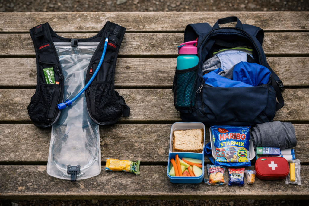 Hydration pack contents versus regular backpack with water bottle showing storage difference for family walking