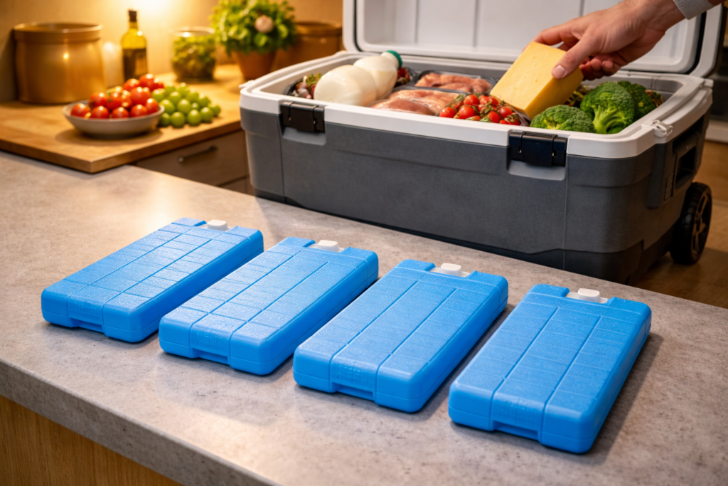 Four reusable camping freeze blocks laid out beside an open cool box being packed with food the night before a family camping trip