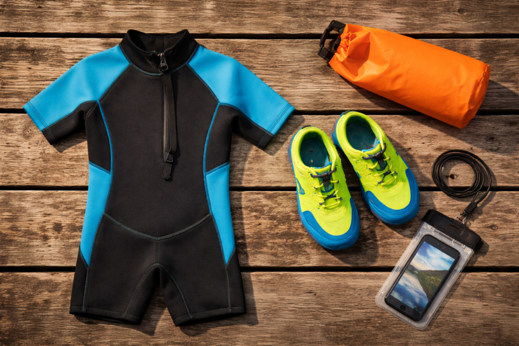 Kids paddle boarding kit including wetsuit, water shoes, dry bag and waterproof phone pouch laid out on wood