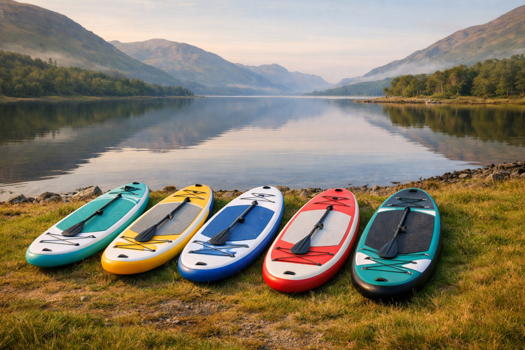 Five inflatable paddle boards laid out on the bank of a Scottish loch ready for a family paddling session