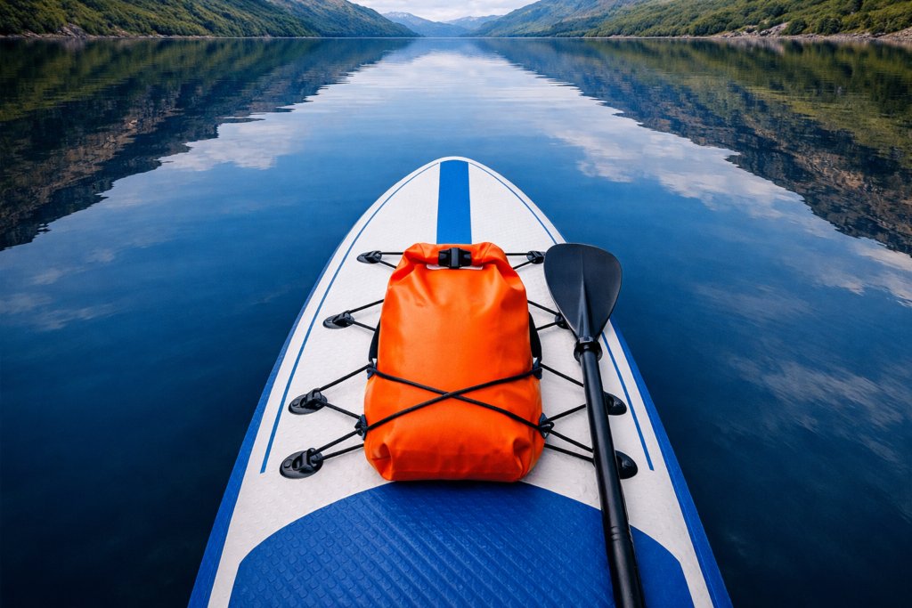 dry-bag-paddle-board-scottish-loch.jpg Alt text: Orange dry bag clipped to an inflatable paddle board on a Scottish loch
