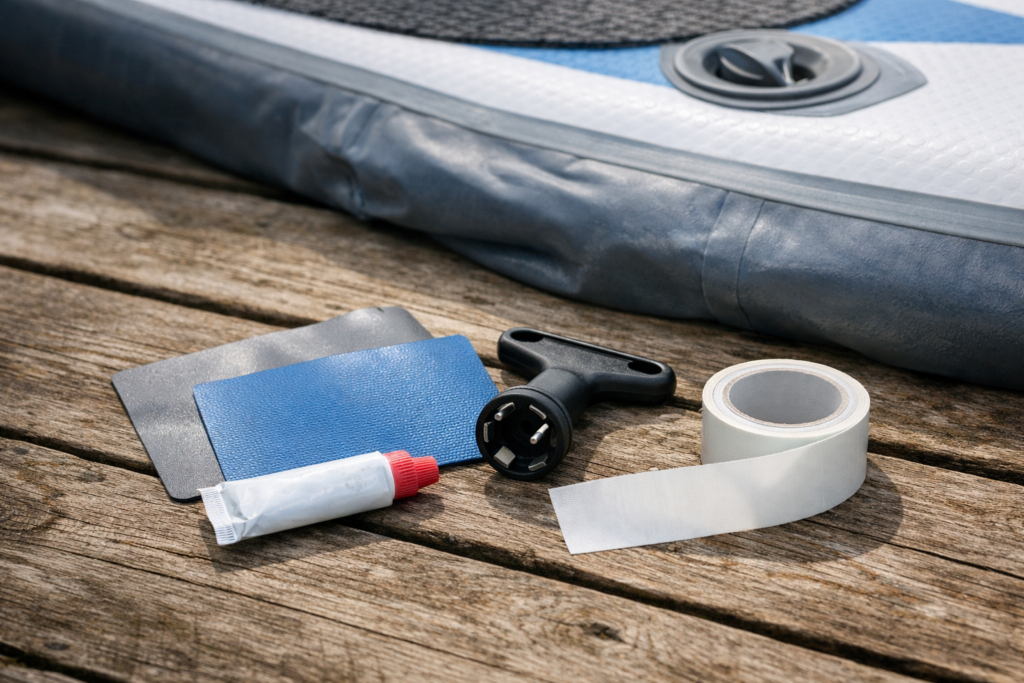 Paddle board repair kit with PVC patches, adhesive tube and valve wrench laid out beside an inflatable SUP