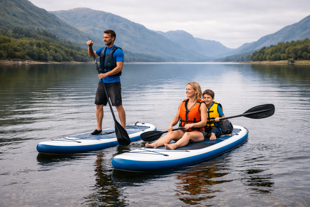 Family using inflatable paddle board with kayak seat conversion on a calm Scottish loch