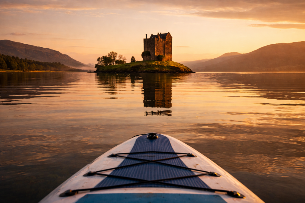 Castle Stalker at sunset viewed from the water on Loch Laich in Argyll Scotland