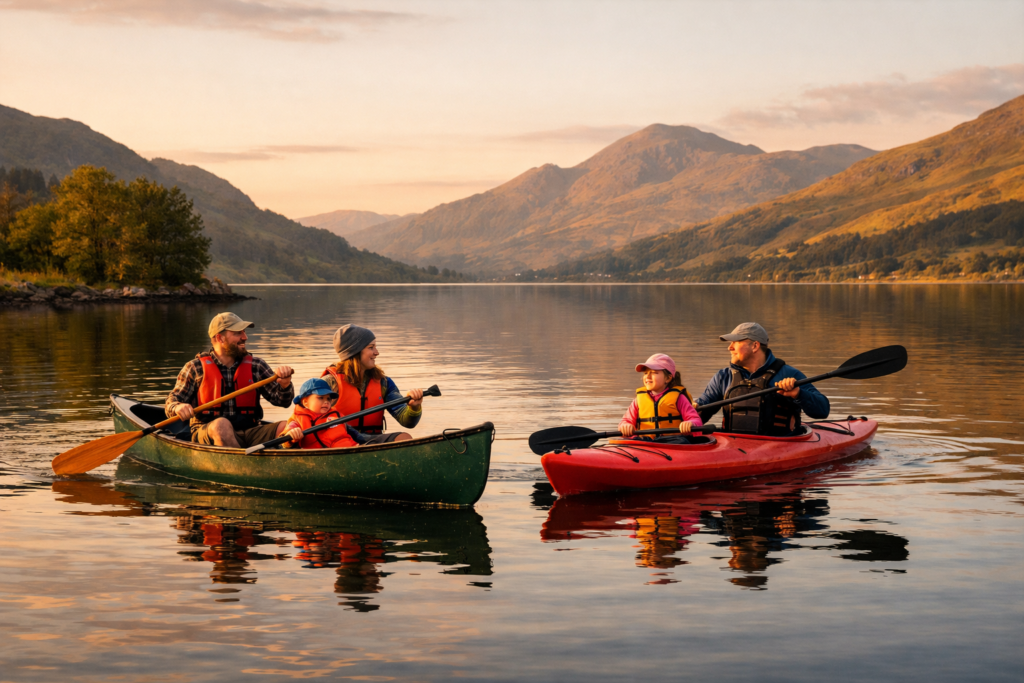 Canoe and kayak side by side on a calm Scottish loch at golden hour with family paddlers