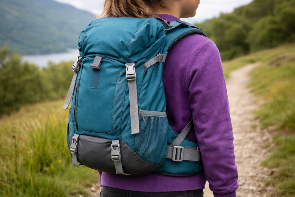 Child wearing correctly fitted youth hiking backpack on UK trail showing proper shoulder strap and hip belt position