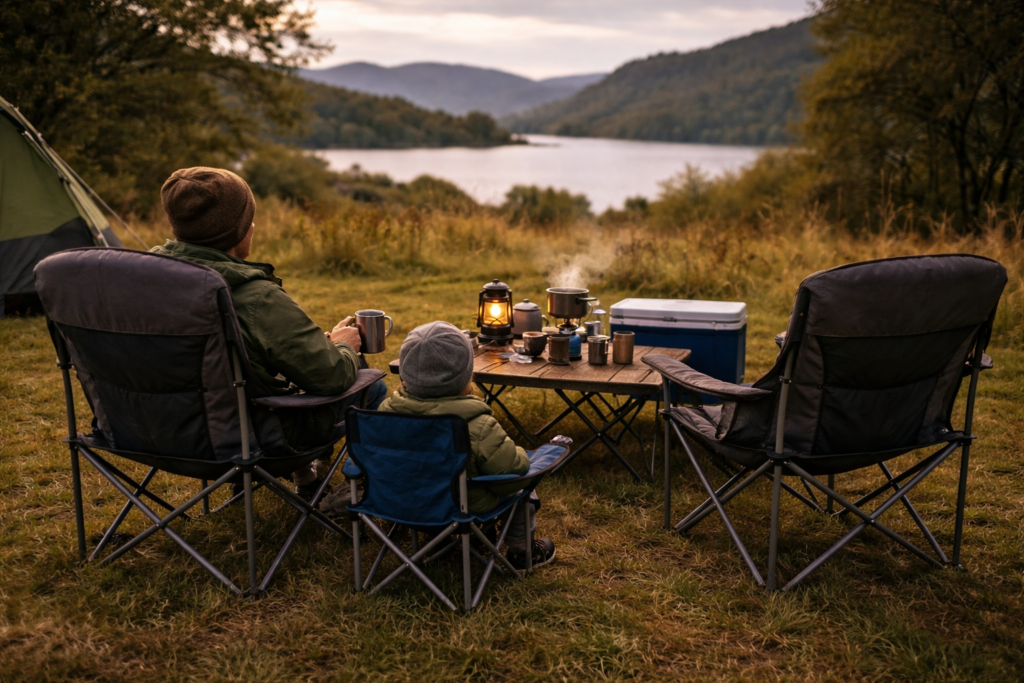Adult and child sitting in camping chairs arranged in an arc at a Scottish family campsite with camp stove and cool box on table and countryside view in background