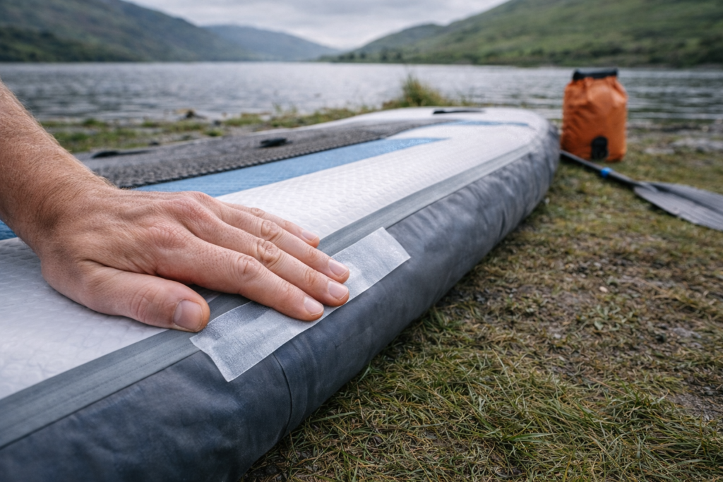 Hand applying emergency repair tape to the rail of an inflatable paddle board at a Scottish loch bank