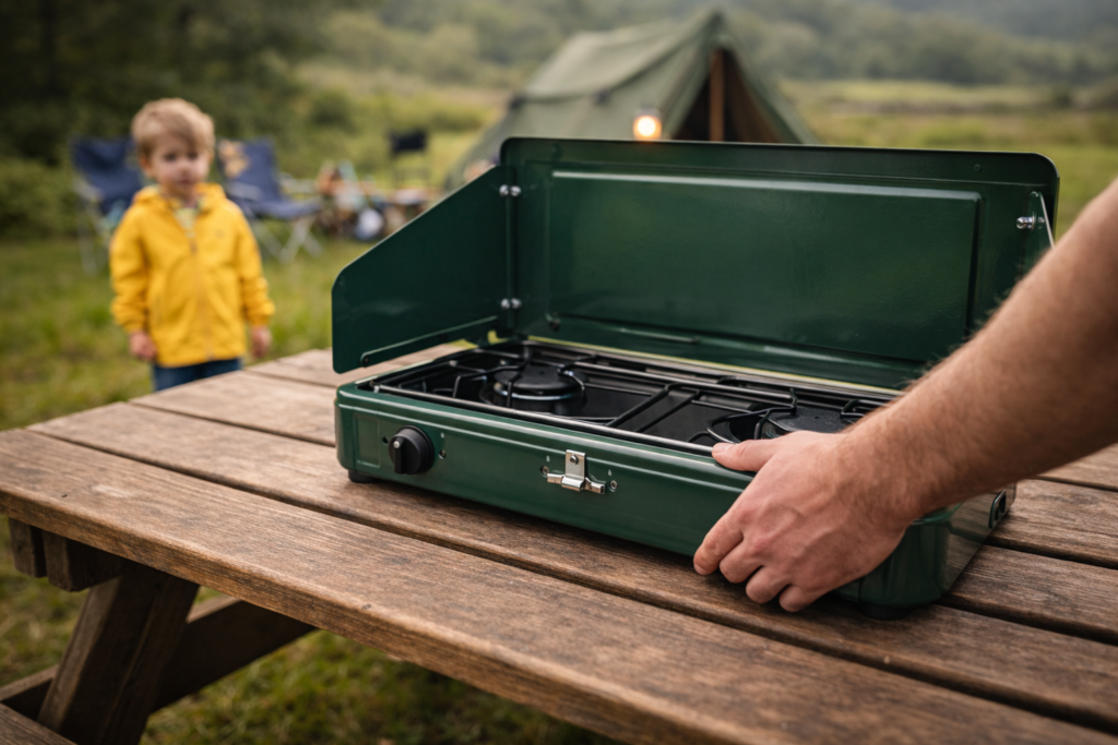 Parent placing camping stove securely on flat picnic table with young child standing safely back at a UK family campsite