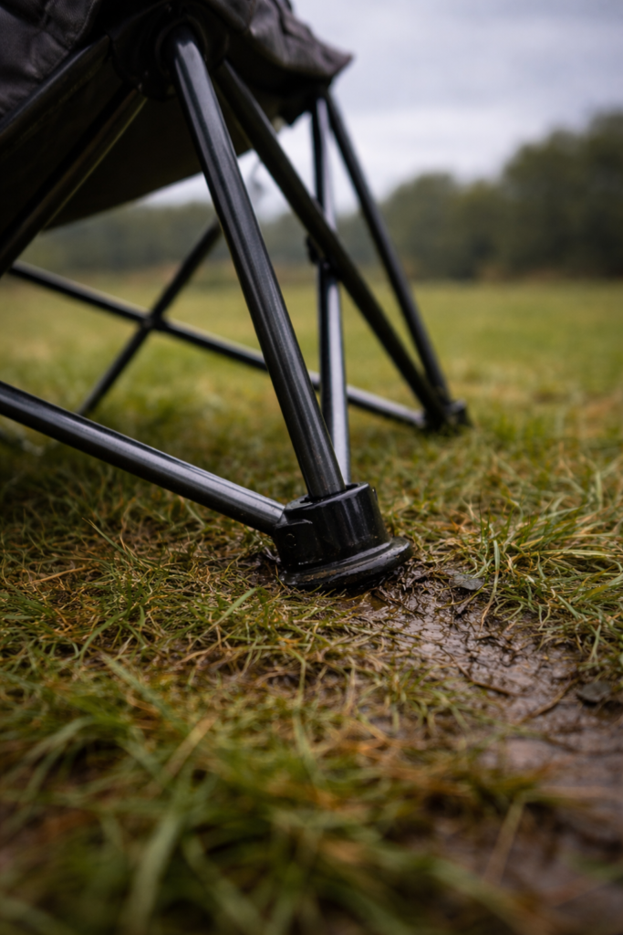 Camping chair leg sinking into soft wet grass at a UK campsite causing the chair to lean at a slight angle on a grey overcast day