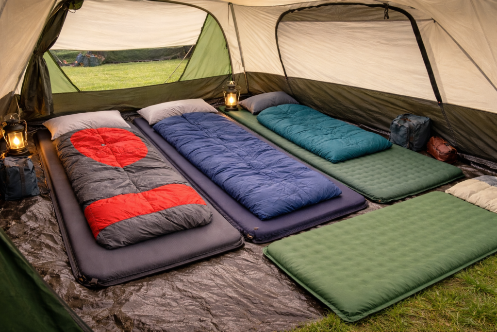 Multiple self-inflating camping mats arranged side by side inside a large family tent with bedding set up