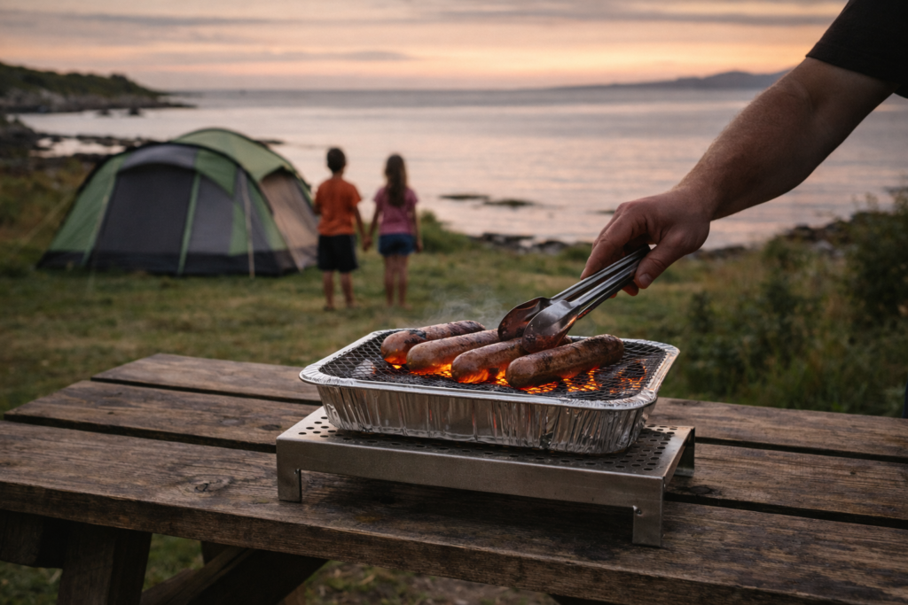 Parent grilling sausages on a disposable BBQ at a raised stand on a coastal UK campsite picnic table with children and sea inlet in background