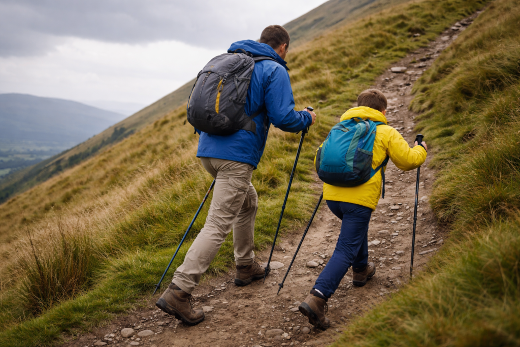Adult and child using hiking poles correctly walking uphill on a steep grassy path on a UK family walk with overcast sky