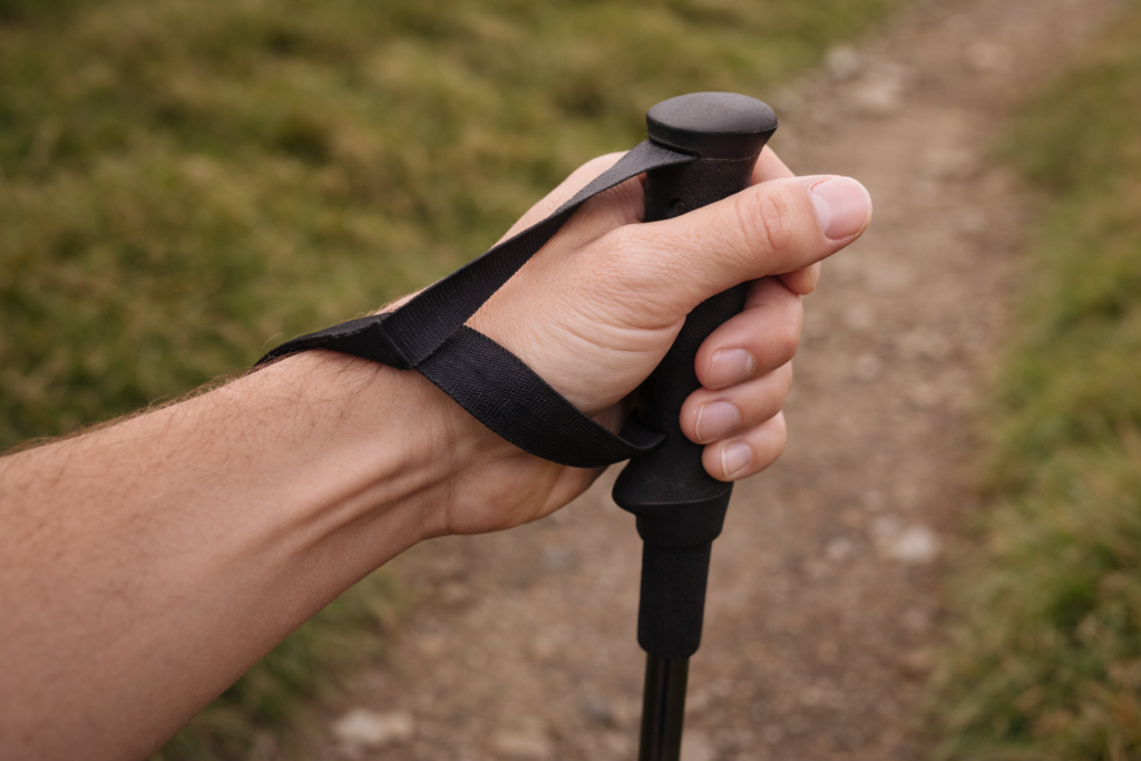 Hand correctly threading a hiking pole wrist strap from below with strap looping across the back of the hand between thumb and forefinger