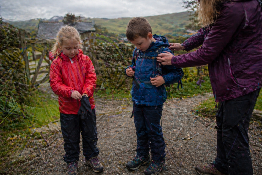 Two children in waterproof jackets trousers and walking boots preparing for a walk at a UK countryside trailhead with green hills in background