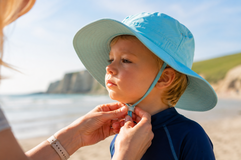 Parent adjusting chin strap on wide brimmed sun hat on young child's head at a sunny UK beach with natural daylight