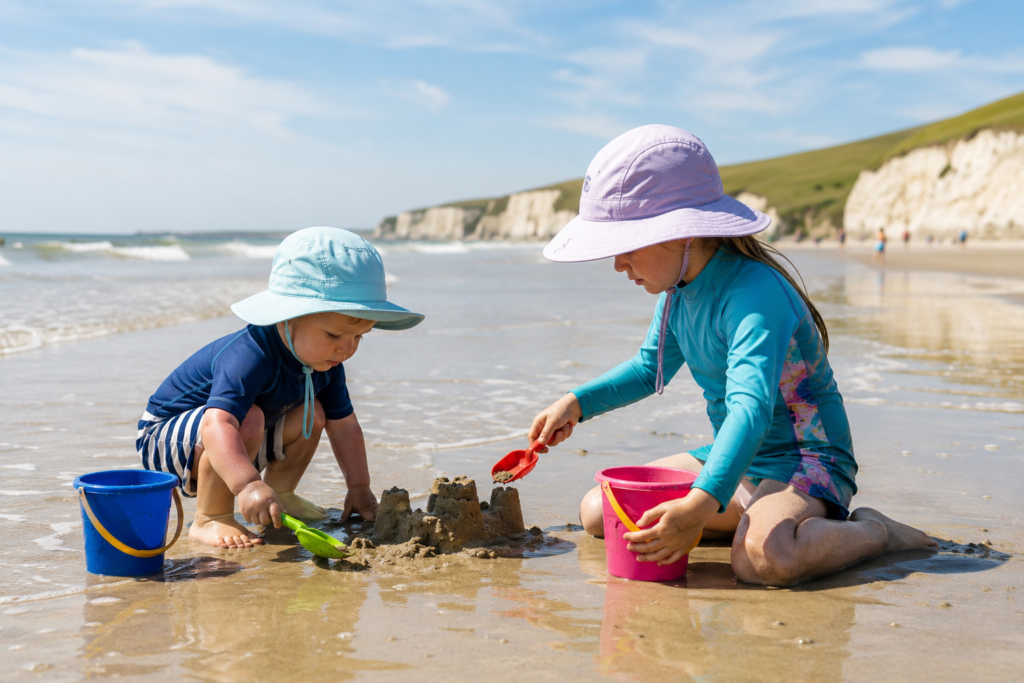 Two children wearing wide brimmed UV protection sun hats playing at the water's edge on a UK beach on a sunny day